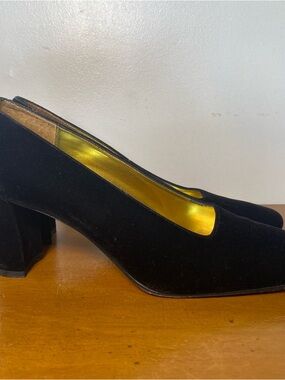 Vintage Nina Women’s Sz 8 Black Gold Leather Suede Square Toe Pumps Heels Shoes
